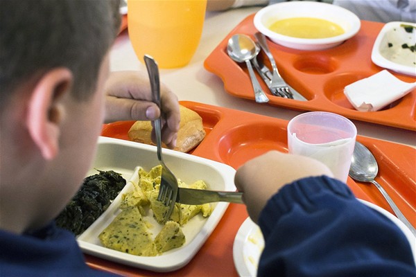 E' rappresentato un bambino in mensa scolastica che taglia una frittata con forchetta e coltello