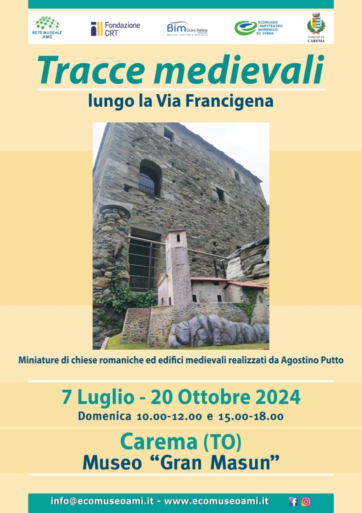 Locandina dell'evento che riprende la Gran Masun di Carema e una miniatura di una chiesa romanica